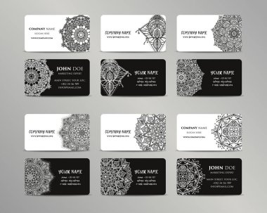 Vektör vintage kartvizit büyük set. Oryantal tasarım düzeni. Islam, Arapça, Indian, Osmanlı motifleri.