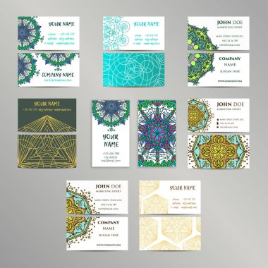 Vektör vintage kartvizit büyük set. Oryantal tasarım düzeni. Islam, Arapça, Indian, Osmanlı motifleri.