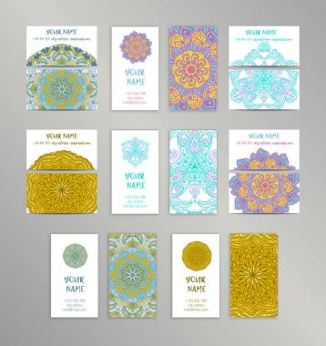 Vektör vintage kartvizit büyük set. Oryantal tasarım düzeni. Islam, Arapça, Indian, Osmanlı motifleri.