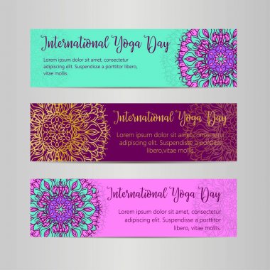 Vektör yoga çizim. Uluslararası Yoga gün için poster şablonu. 21 Haziran, Yoga gün el ilanı