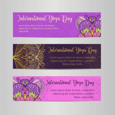 Vektör yoga çizim. Uluslararası Yoga gün için poster şablonu. 21 Haziran, Yoga gün el ilanı