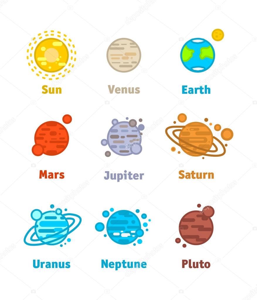Vector flat illustration of the solar system planets with the names.