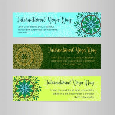 Vektör yoga çizim. Uluslararası Yoga gün için poster şablonu. 21 Haziran, Yoga gün el ilanı