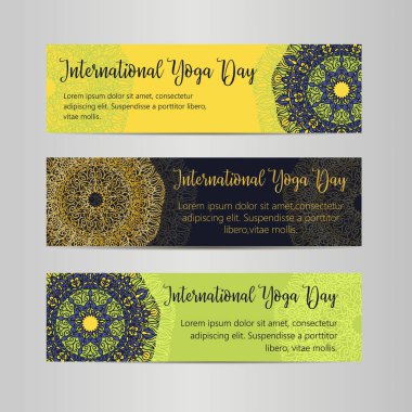 Vektör yoga çizim. Uluslararası Yoga gün için poster şablonu. 21 Haziran, Yoga gün el ilanı