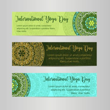 Vektör yoga çizim. Uluslararası Yoga gün için poster şablonu. 21 Haziran, Yoga gün el ilanı