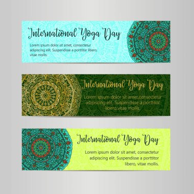 Vektör yoga çizim. Uluslararası Yoga gün için poster şablonu. 21 Haziran, Yoga gün el ilanı
