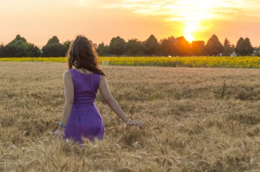 Gün batımında tahıl alan kız