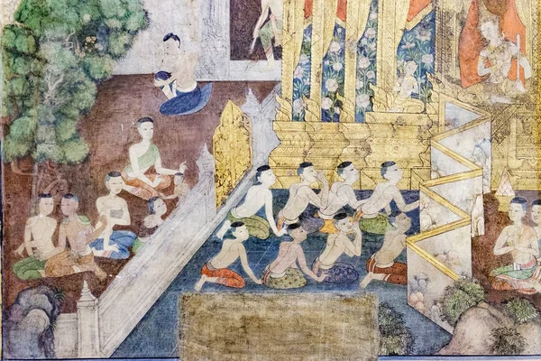 Antigua pintura mural del templo budista de la vida de Buda dentro de Wat Pho en Bangkok, Tailandia — Foto de Stock