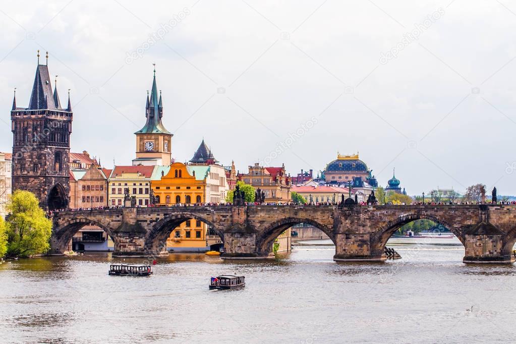 View on Prague, Charles Bridge with crowds of tourist