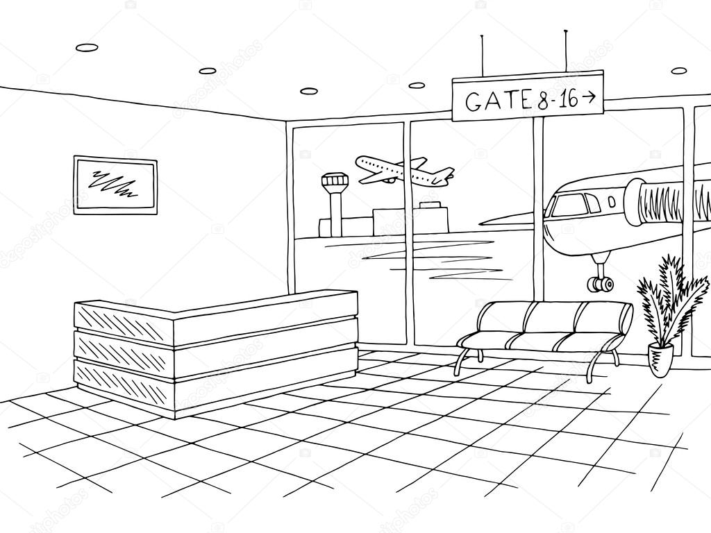 Airport black white interior graphic art sketch illustration vector — Stock Vector © Aluna11