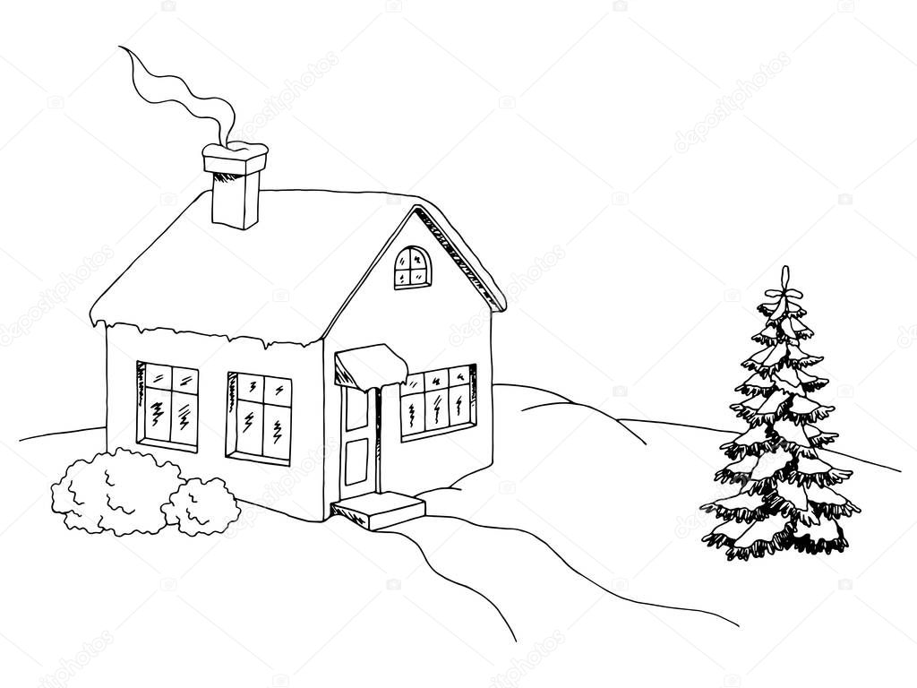 Casa de invierno arte gráfico negro blanco bosquejo paisaje ilustración