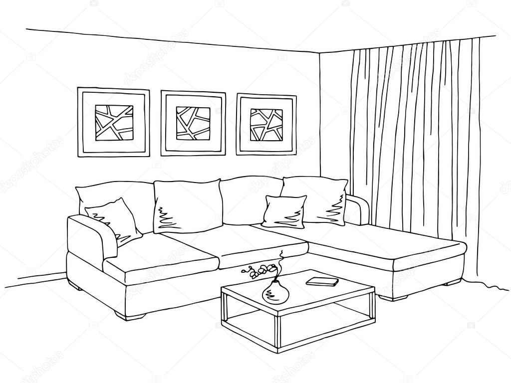 Sala de estar interior gráfico preto branco desenho ilustração vector