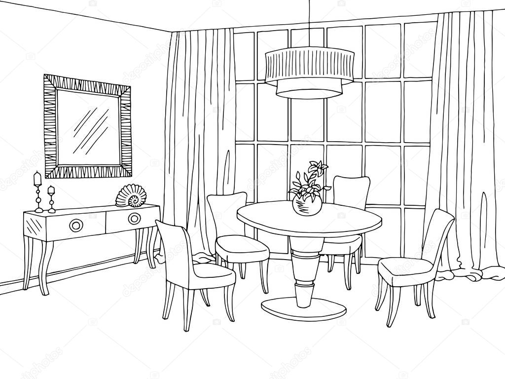 Dining room graphic black white sketch illustration vector — Stock Vector © Aluna11 133302120
