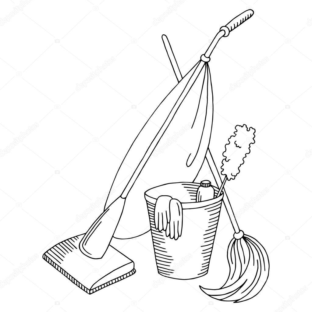 Cleaning graphic set black white isolated sketch illustration vector