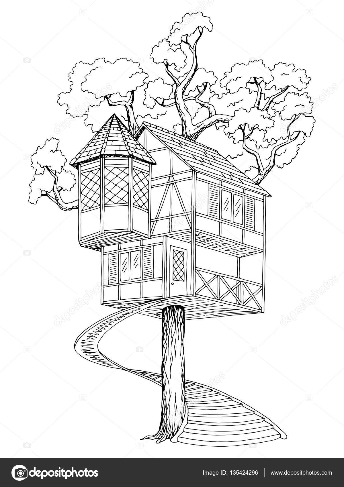 Baumhaus Grafik Schwarz Weiß Skizze Illustration Vektor - Vektorgrafik