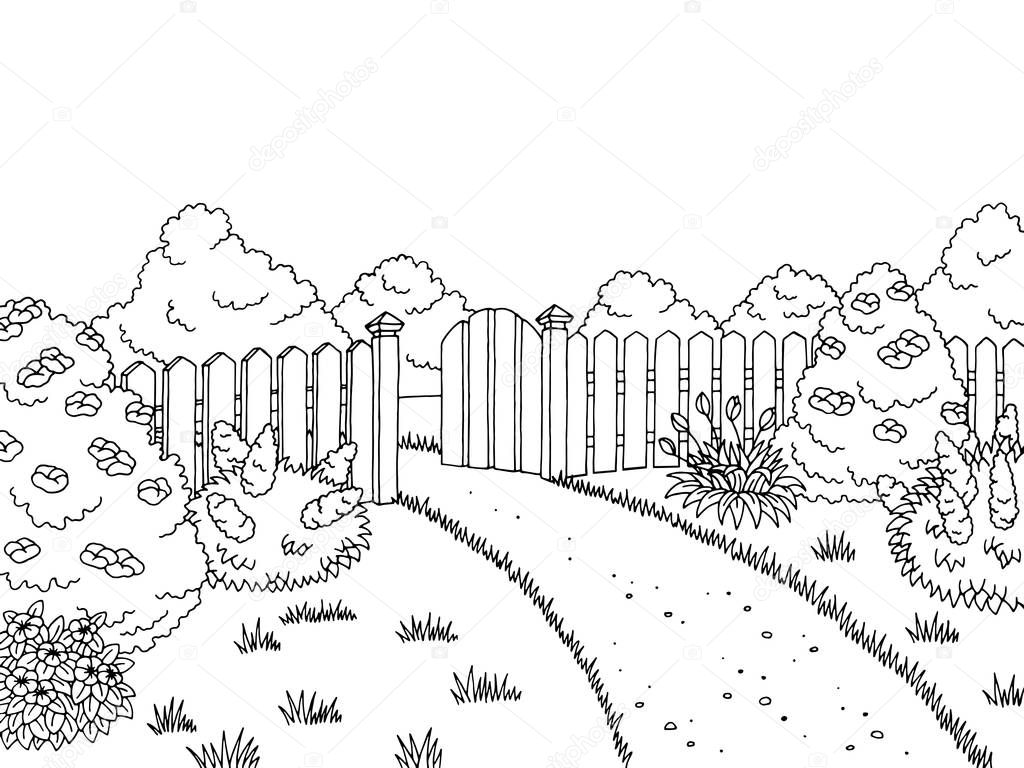 Jardim gráfica preta branca paisagem desenho ilustração vector — Vetor