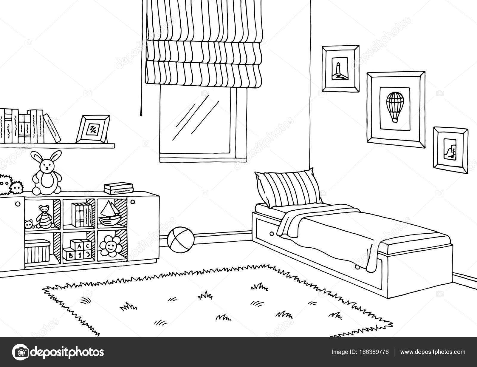 Children room graphic black white interior sketch illustration vector — Stock Vector © Aluna11