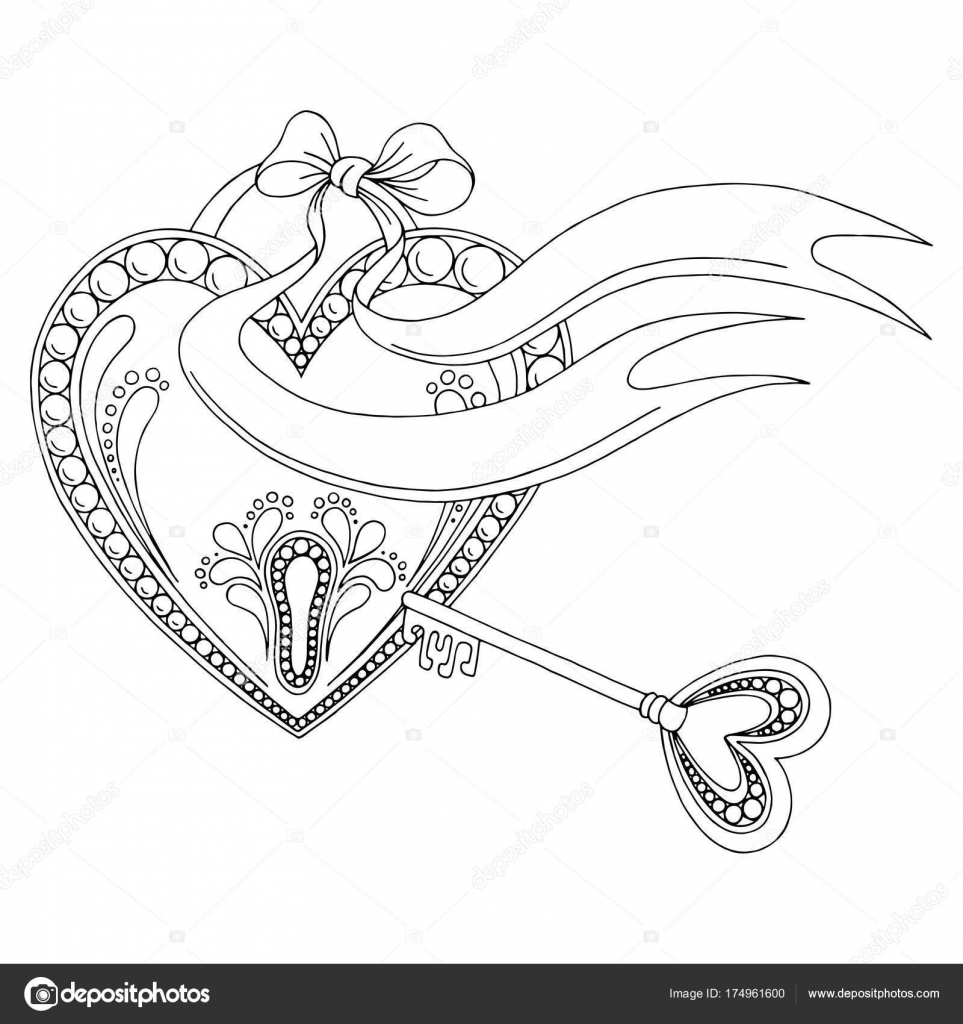 Modello cuore serratura chiave nero bianco schizzo grafico sfondo illustrazione vettoriale — Vettoriali di Aluna11