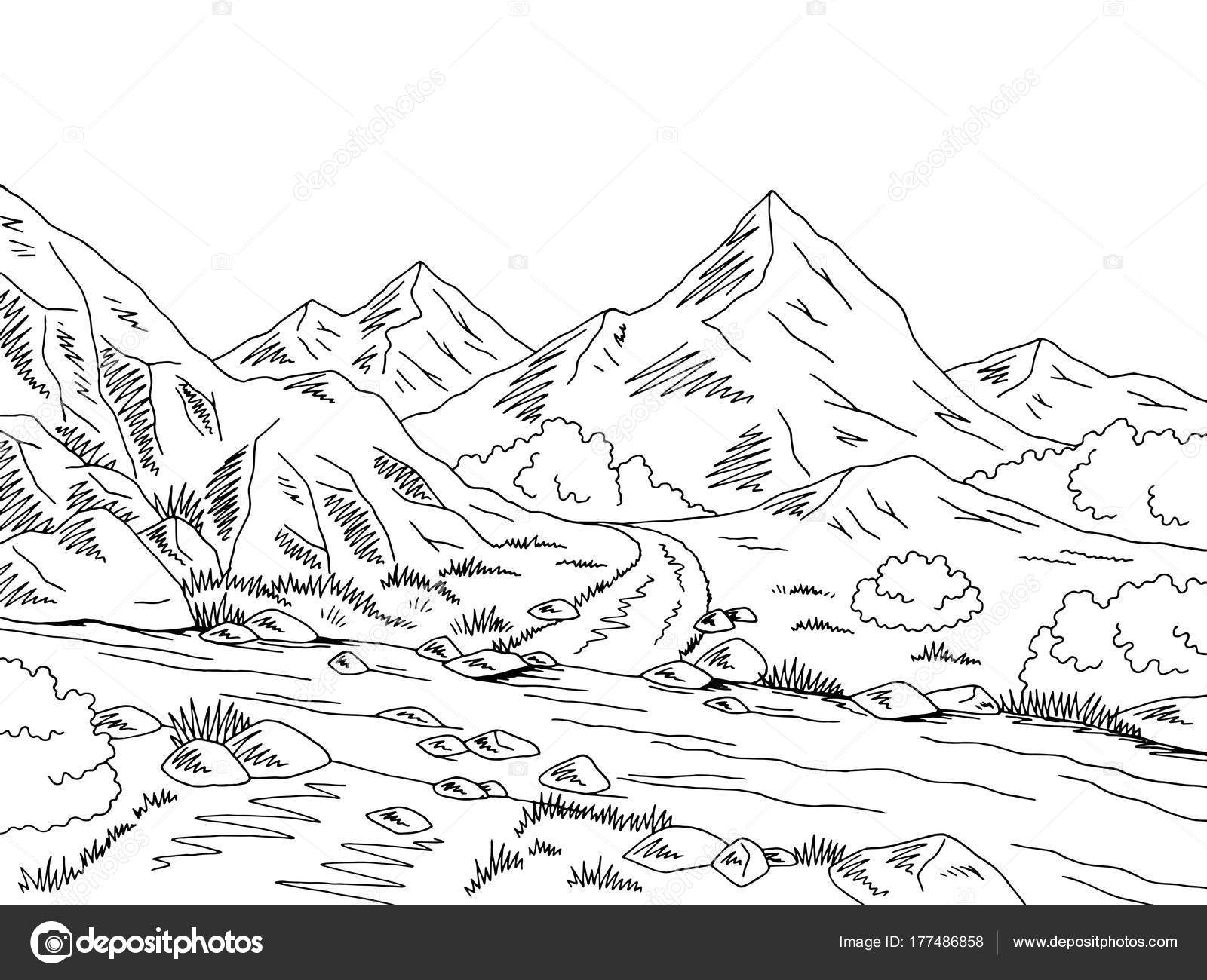 Mountain Road Graphic Black White River Ford Landscape Sketch ...