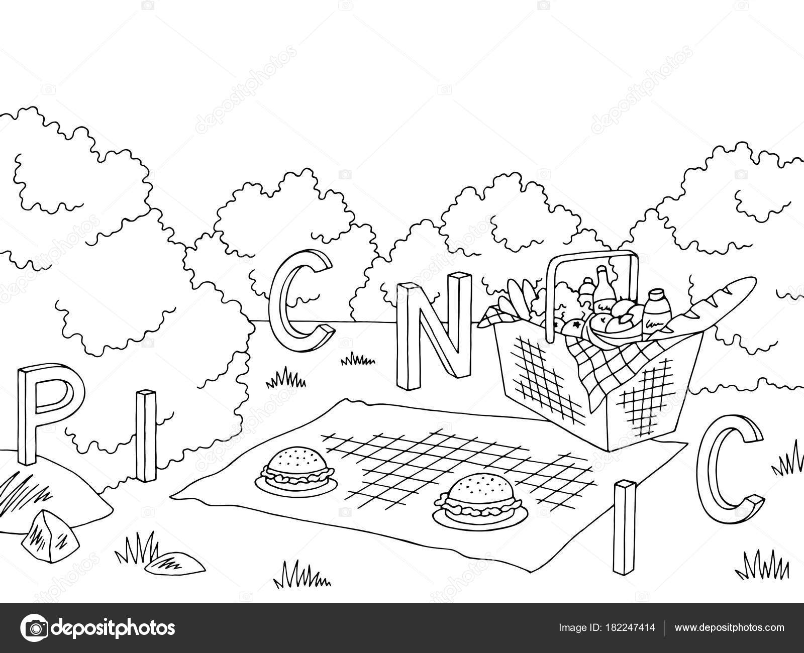 Picnic Basket Graphic Black White Landscape Sketch Illustration Vector