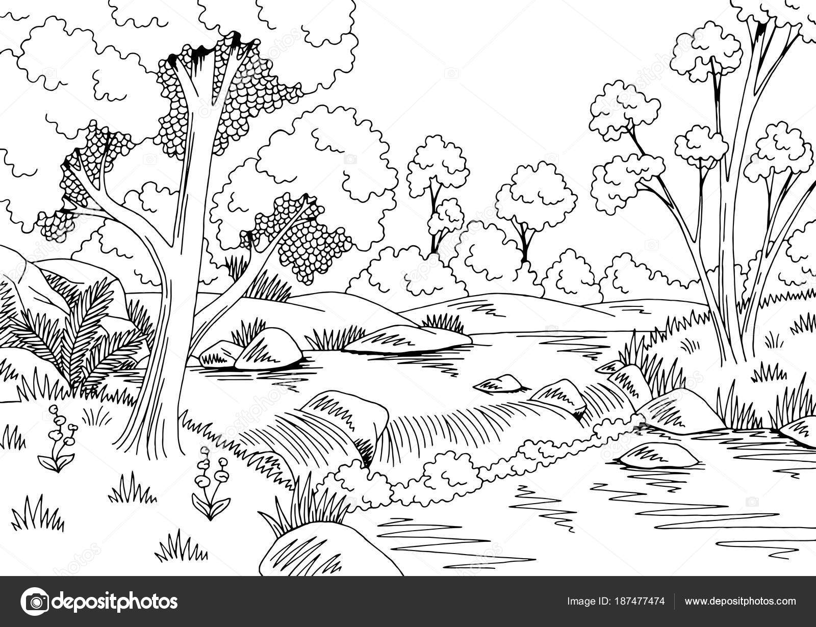 paisagem gráfico preto branco cachoeira rio floresta desenho