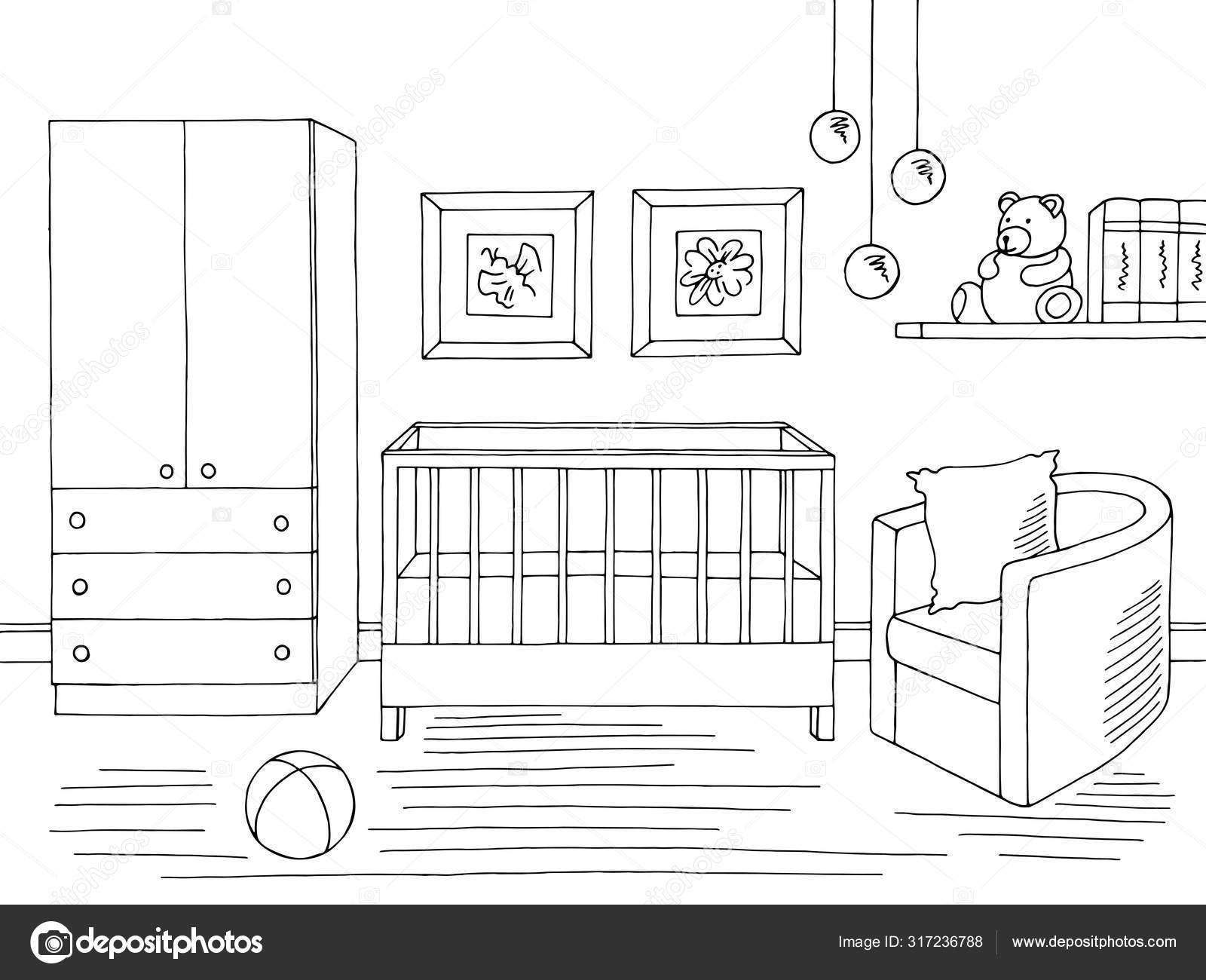 Chambre Bebe Graphique Noir Blanc Interieur Croquis Illustration Vecteur Image Vectorielle Par Aluna11 C Illustration