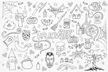 Cadılar Bayramı yarım yamalak elle çizilmiş doodle seti.