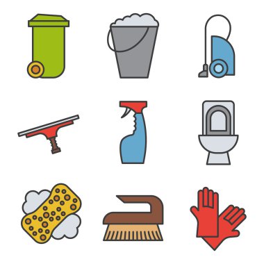 Temizlik parçalar ve aletler Icons set renk.