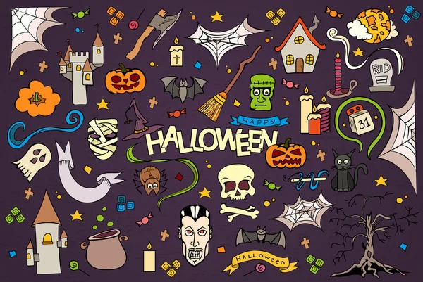 Halloween kolorowe ręcznie rysowane doodle zestaw. — Wektor stockowy