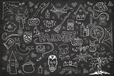 Cadılar Bayramı kara tahta el çizilmiş doodle çizgi film seti