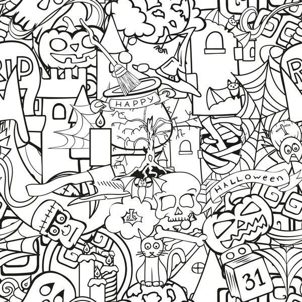 ฮาโลวีนการ์ตูน doodles รูปแบบไร้เย็บ — ภาพเวกเตอร์สต็อก