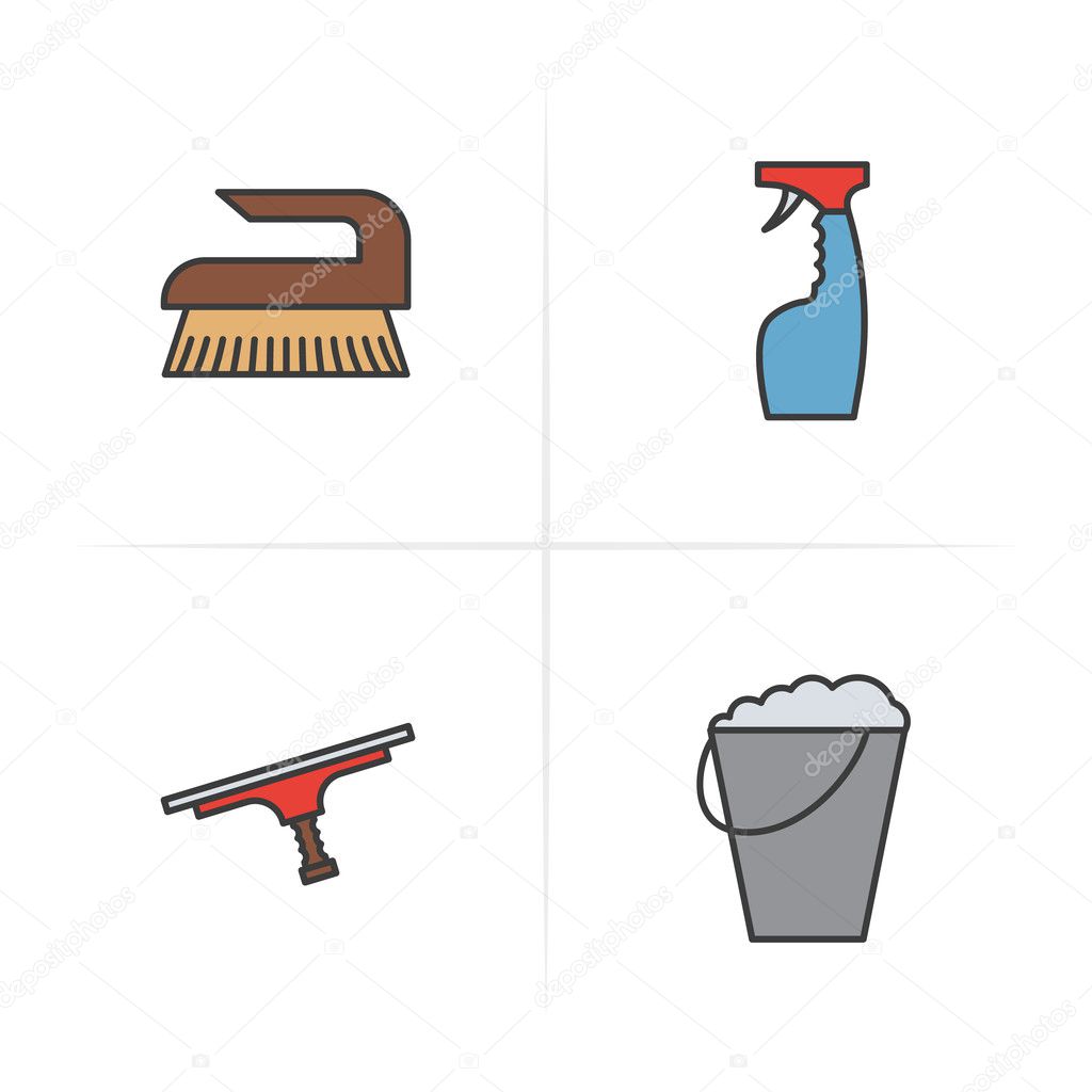 Cleaning items and tools color icons set.