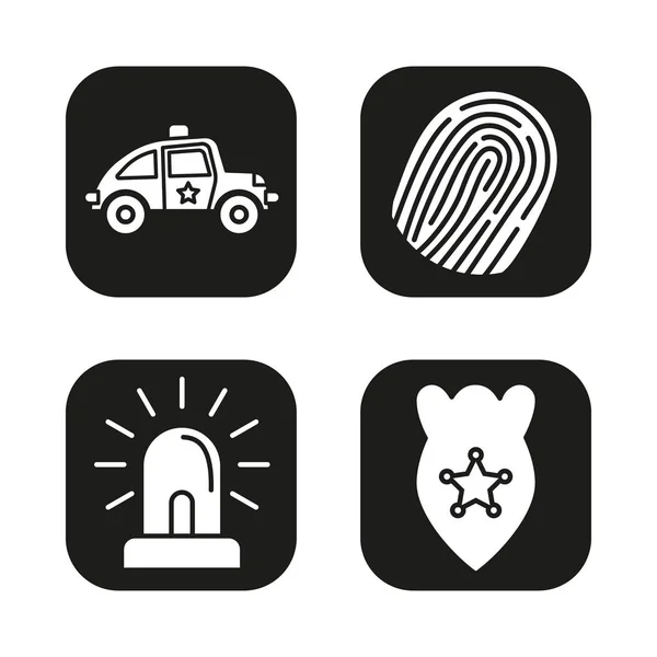 Police equipment icons set. Car, fingerprint, flasher, badge symbol. Vector white silhouettes illustrations in black squares — Stock Vector