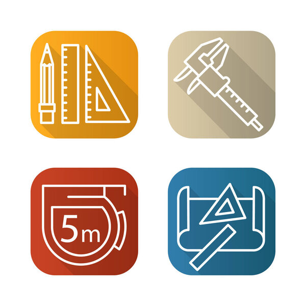 Engineering tools flat linear long shadow icons set. Caliper, pencil and ruler, measuring tape, drawing rulers. Vector line illustration.
