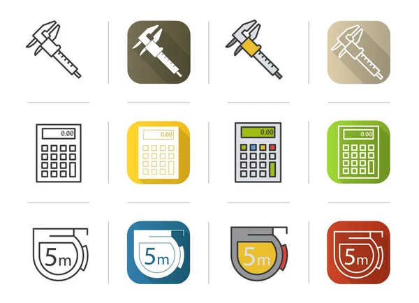 Engineering icons set. Flat design, linear and color styles. Caliper, calculator, measuring tape symbol. Isolated vector illustrations. — Stock Vector