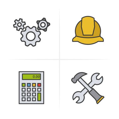 Renk simgeleri mühendislik ayarlayın. Kask, vites seçenekleri, çekiç ve anahtar, hesap makinesi simge. Logo kavramları. İzole vektör çizim.
