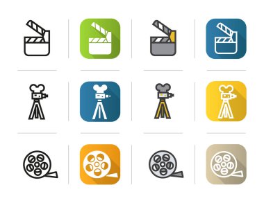 Simgeler filme ayarlayın. Tasarım, doğrusal düz ve stilleri renk. Film Klaket, film kamerası, reel sembolü. İzole vektör çizimler.