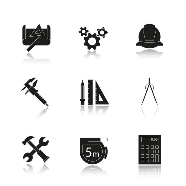 Engineering drop shadow black icons set. Drawing, gears, helmet, caliper, divider, hammer and wrench, measuring tape, calculator, pencil with rulers symbol. Isolated vector illustrations.