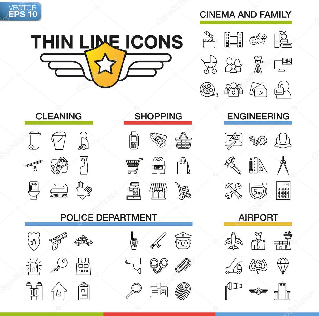 Vector illustration of thin line icons for cinema, family, cleaning, shopping, engineering, police department, airport. Linear symbols set on white background.