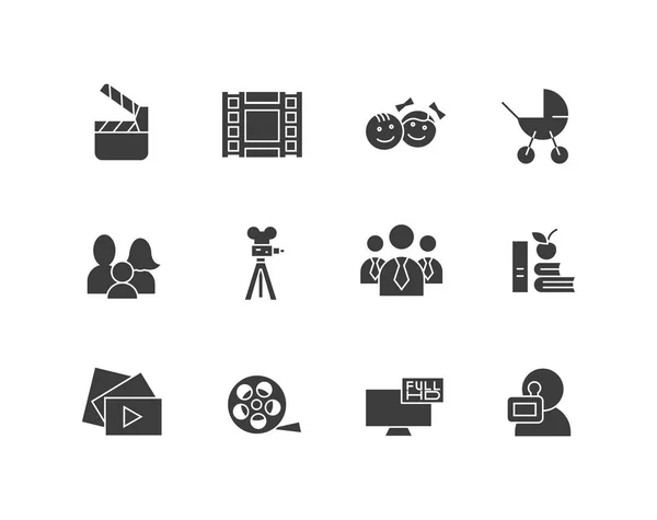 Conjunto simple de iconos de silueta vectorial relacionados con el cine. Contiene como cámara de cine, TV, familia, niños, video clip y más. Un derrame cerebral. 48x48 píxeles perfecto . — Vector de stock