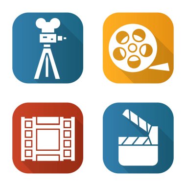 Düz uzun gölge simgeler filme ayarlayın. Film kamera, video, makara, film Klaket. İzole vektör çizim.