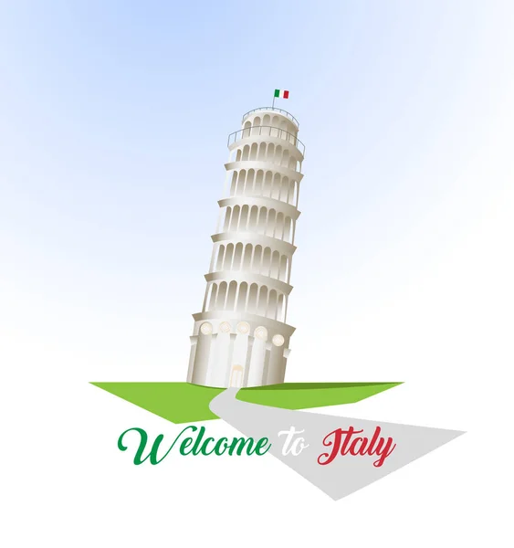 Ласкаво просимо до Італії плаката хостелу Векторні ілюстрації. Подорожі дизайн з Пізанської вежі на білому тлі. Знаменитий Празьким Градом концепції. — стоковий вектор