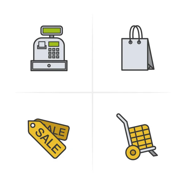 Набор цветов для покупок. Кассовый аппарат, сумка, бирки, корзина на колесах символ. Логотипы. Векторная изолированная иллюстрация . — стоковый вектор