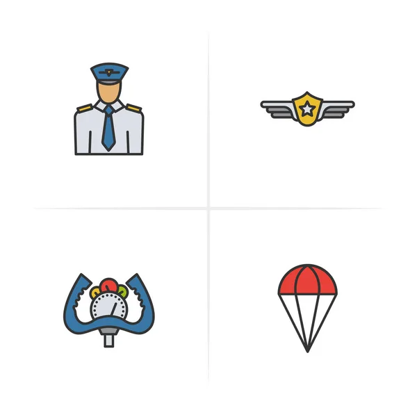 Conjunto de iconos de color piloto. Etiqueta del piloto, rueda de control del avión, símbolo del paracaídas. Conceptos de logotipo. Ilustración aislada vectorial . — Vector de stock