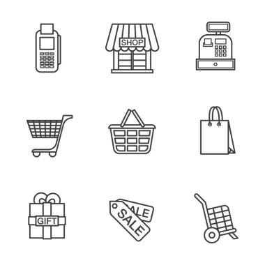 Doğrusal simgeler alışveriş ayarla. Kartı terminal, alışveriş sepeti, sepeti, mağaza sembolü. İzole vektör çizimler.