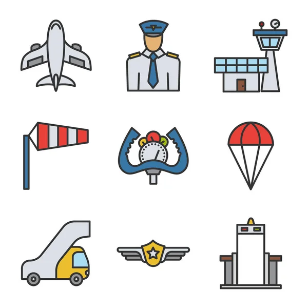 Airport color icons set. Linear symbols set on white background. — Stock Vector