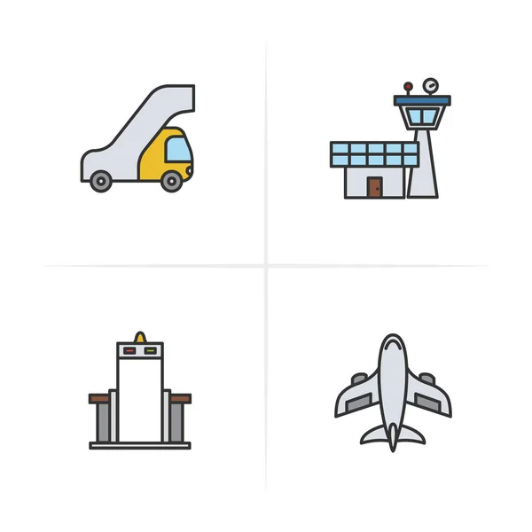 Pilot color icons set. Passengers ladder, flight control tower, metal scanner gate, aircraft symbol. Logo concepts. Vector isolated illustration. — Stock Vector