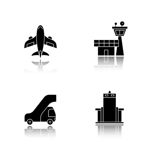 Pilot drop shadow black icons set. Aircraft, Flight control tower, passengers ladder, metal scanner gate. Isolated vector illustrations. — Stock Vector