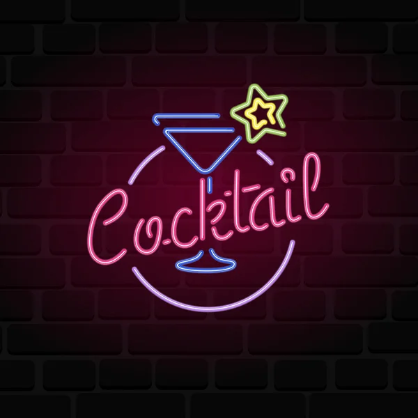 Sinal de néon de cocktail, tabuleta brilhante, banner de luz. Logotipo do cocktail, emblema . — Vetor de Stock