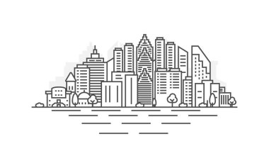 Houston City, Texas mimari siluet çizimi. Meşhur şehir işaretleri, şehir manzarası, tasarım simgeleri olan doğrusal vektör şehri. Düzenlenebilir vuruşlarla peyzaj.